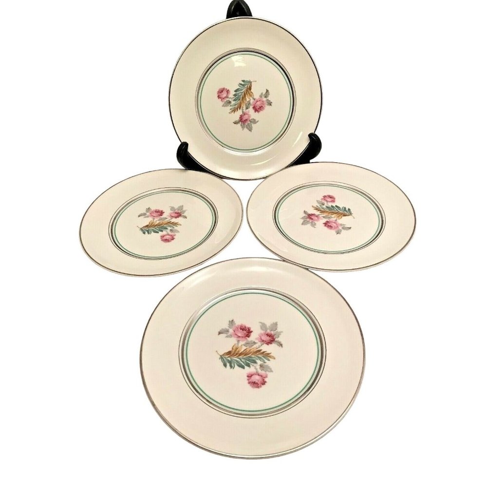 4 Pope Gosser Salad Plates Pattern 1219 Floral Design 7" Green & Platinum Bands